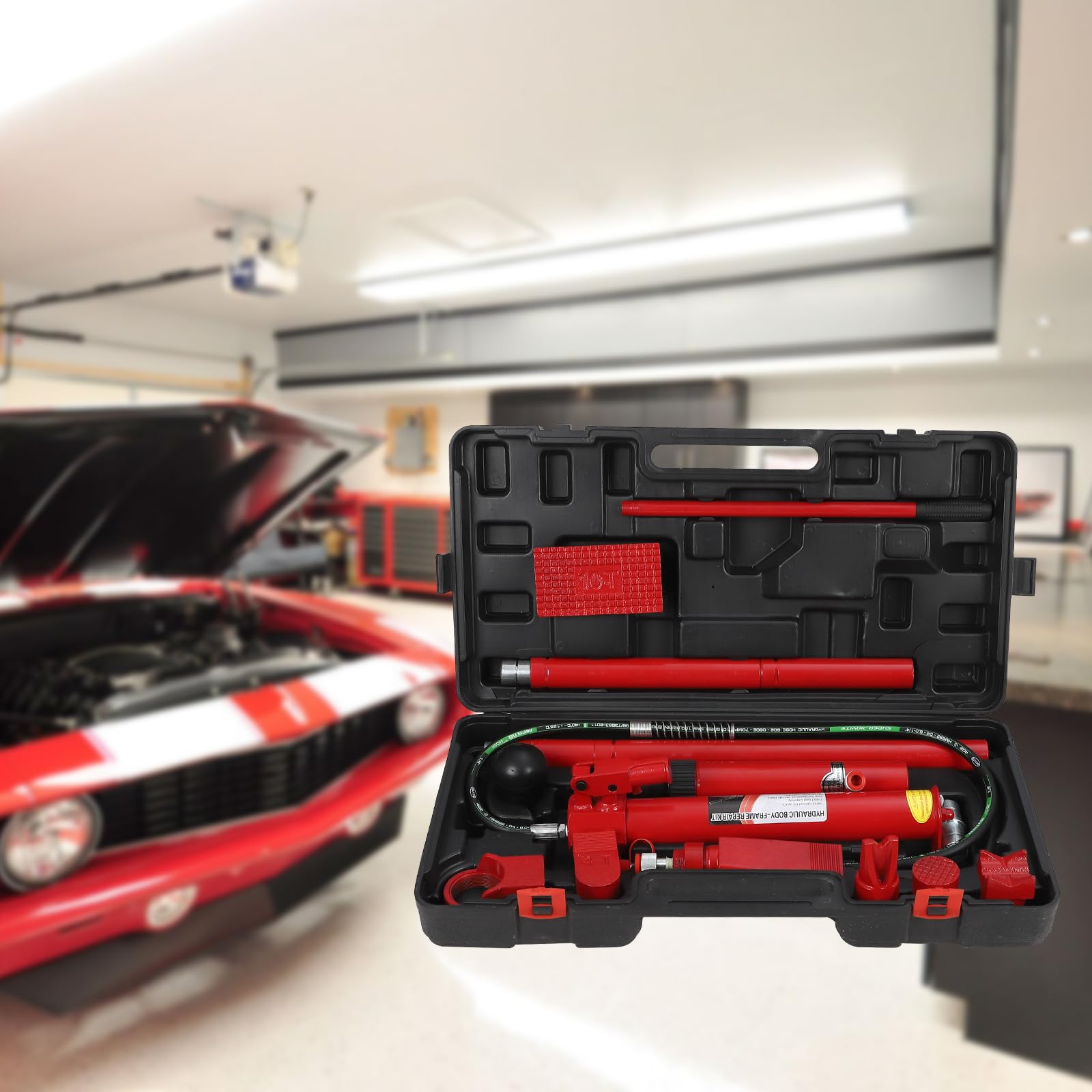 Kit de réparation complet Garvee Porta Power Kit 12T avec cric hydraulique, châssis en acier renforcé et mallette de transport. Idéal pour les ateliers et les chantiers. Robuste, polyvalent et compact.