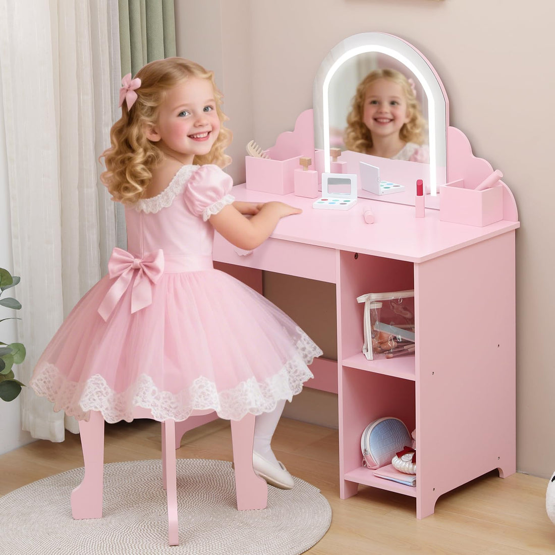 Garvee Coiffeuse Enfant Rose avec Miroir Lumineux, Tabouret, Tiroir et Étagères, MDF Sûr, LED Réglable, 100,33 × 80,01 × 40,13 cm