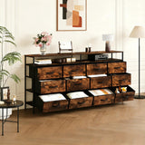 Garvee Commode longue 160 cm avec 12 tiroirs et étagères ouvertes, cadre acier antibasculement, tissu composite résistant, rangement chambre et salon - Brun rustique
