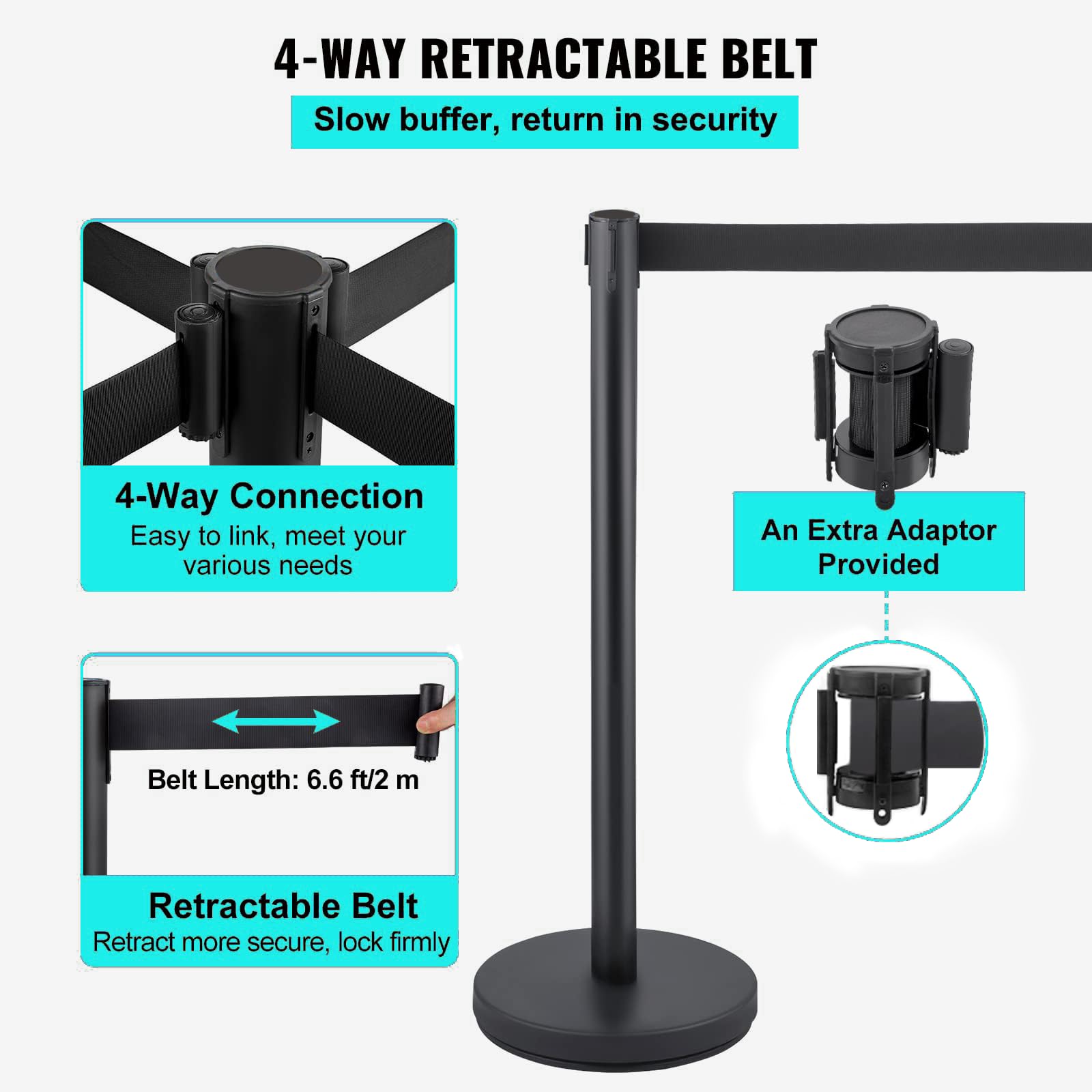 Poteaux de contrôle de foule Garvee avec sangle rétractable de 2 m (6,56 pi), acier inoxydable et fer, noir, 91 cm (36 po), pour aéroports