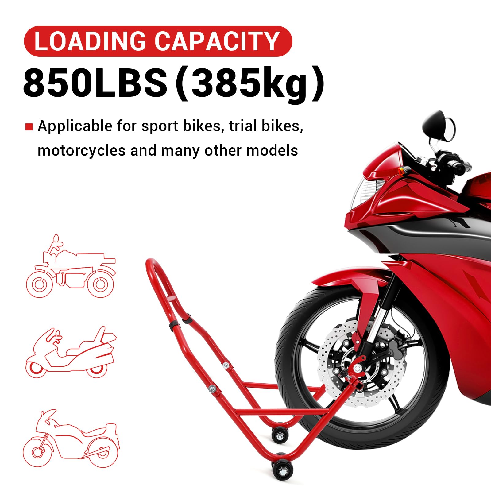Support de levage pour moto Garvee, capacité de charge 385 kg, réglable, en fer antirouille, universel, pour atelier ou garage, noir.