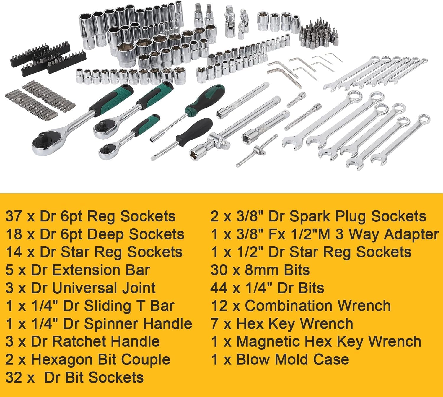 Coffret d'outils Garvee 216 pièces avec entraînements 1/4", 3/8" et 1/2", cliquet à changement rapide 72 dents, coffret robuste pour réparations automobiles et domestiques
