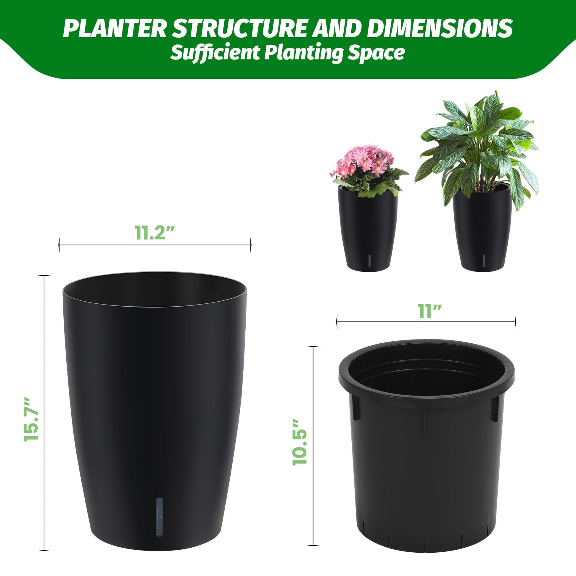Ensemble de jardinières à arrosage automatique Garvee de 40 cm de haut avec indicateur de niveau d'eau visible pour l'intérieur et la terrasse, noires, robustes et ventilées