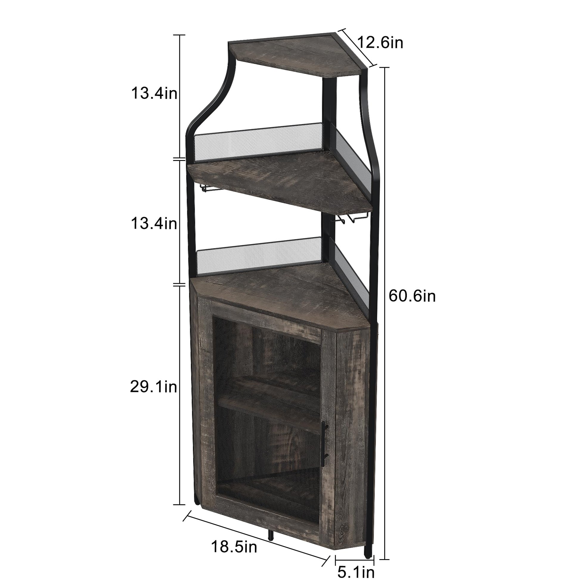 Garvee Meuble bar d'angle, 5 niveaux avec casier à vin, porte-verres, porte coulissante de style grange, idéal pour le salon et la cuisine, 47 × 45 × 154 cm, gris, gain de place, robuste