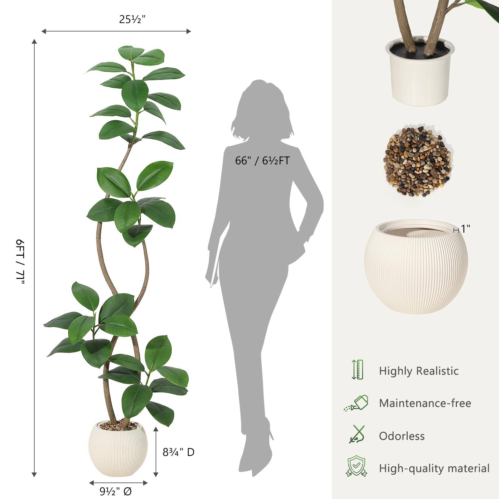 Garvee Arbre artificiel chêne vert 180 cm, pot crème, feuilles réalistes, base stable, résistant aux UV, décoration intérieure bureau