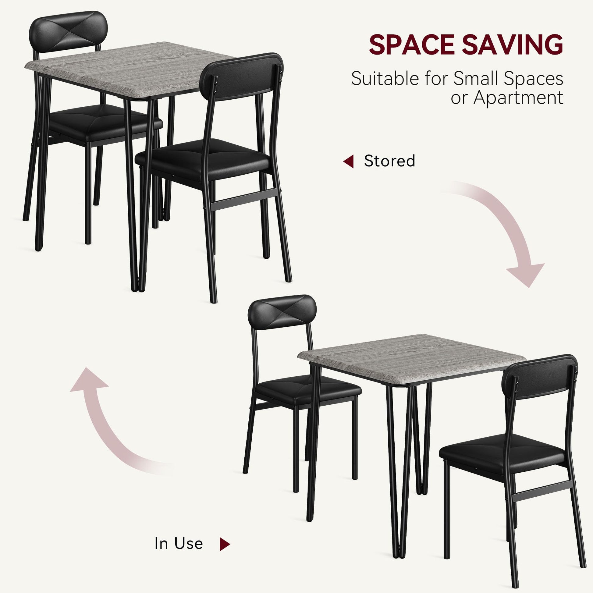 Ensemble table et chaises Garvee pour 2 personnes, avec chaises rembourrées, MDF et métal, compact pour petits espaces, gris vintage et noir.