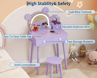 Ensemble coiffeuse pour enfants Garvee avec lumière LED, miroir ours, rangement, bois MDF, violet, pour chambre et salle de jeux