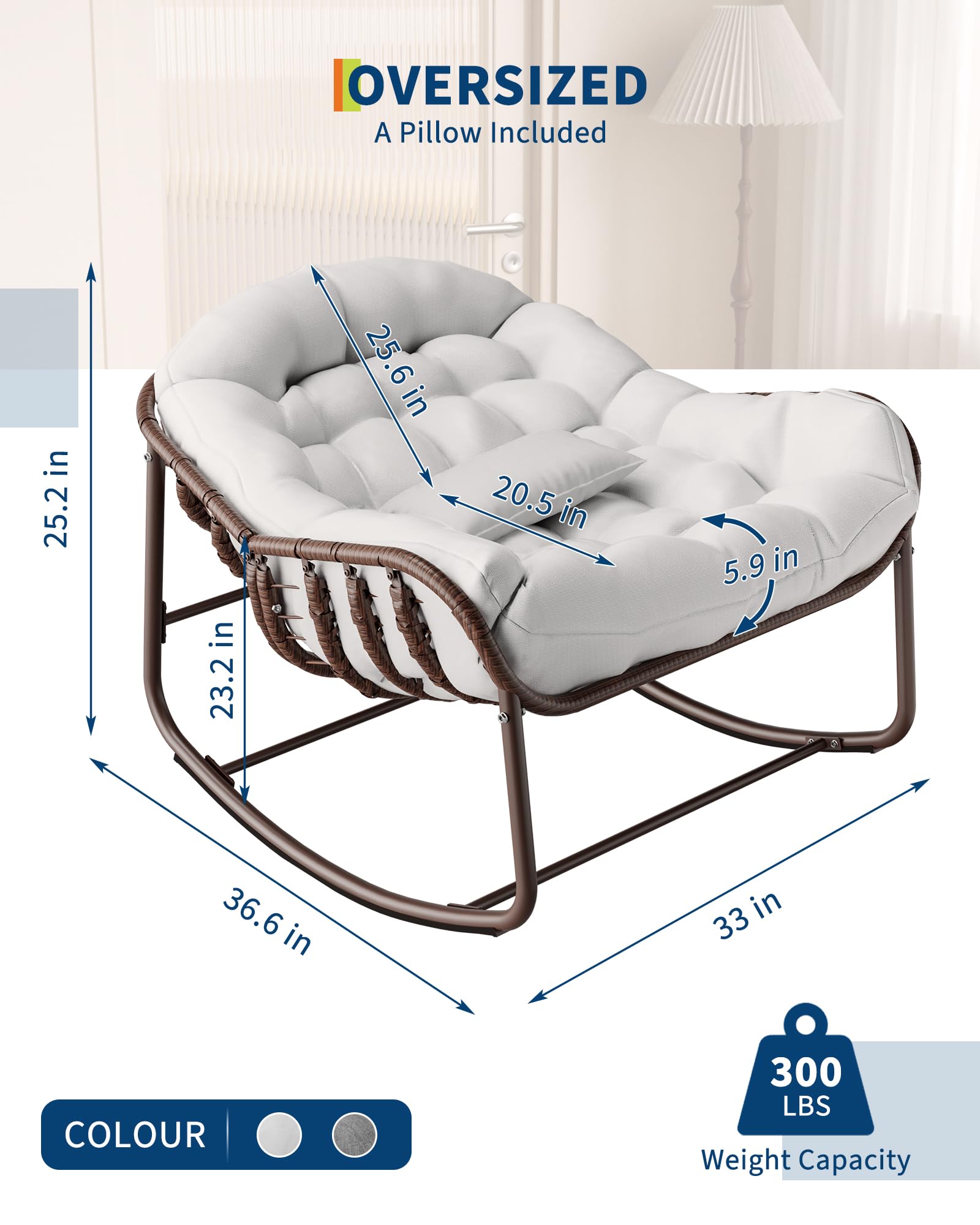 Garvee Fauteuil œuf à bascule intérieur extérieur, rotin effet naturel, format oversize, coussin rembourré en oléfine résistante, jardin et porche