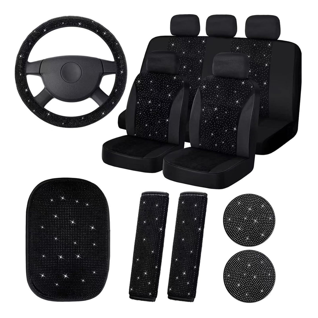 Garvee Ensemble de 15 housses de siège auto scintillantes pour femmes avec housse de volant en cristal, velouté et respirant, universel, avec console centrale, pour un usage quotidien et les événements