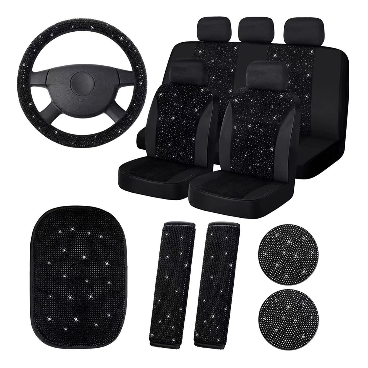 Garvee Ensemble de 15 housses de siège auto scintillantes pour femmes avec housse de volant en cristal, velouté et respirant, universel, avec console centrale, pour un usage quotidien et les événements