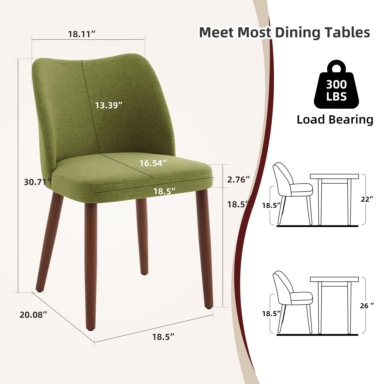 Chaises de salle à manger Garvee, lot de 2, en tissu, avec assise rembourrée et pieds en bois, idéales pour la cuisine, les restaurants et les cafés. Hauteur : 78 cm. Style moderne mi-siècle, gris.