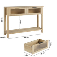 Garvee Console en MDF Bois naturel avec 2 Tiroirs à Façades en Verre, L. 110 × P. 30 × H. 80 cm, Meuble de Rangement pour Salon et Entrée
