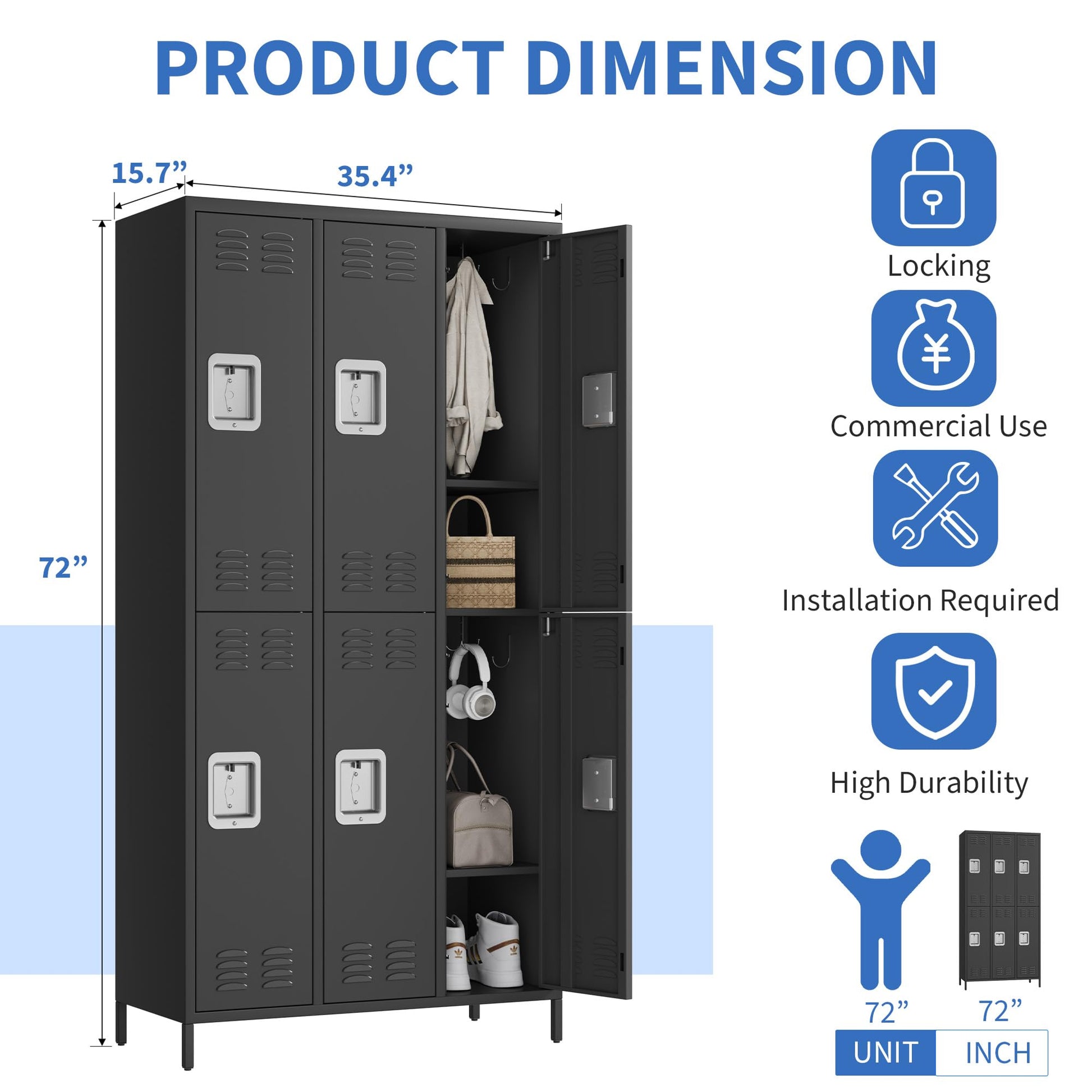 Casier métallique Garvee à 6 portes pour employés, robuste, ventilé, double compartiment, pour bureaux et salles de sport, 183 cm (H) x 40 cm (L) x 90 cm (P), revêtement en poudre