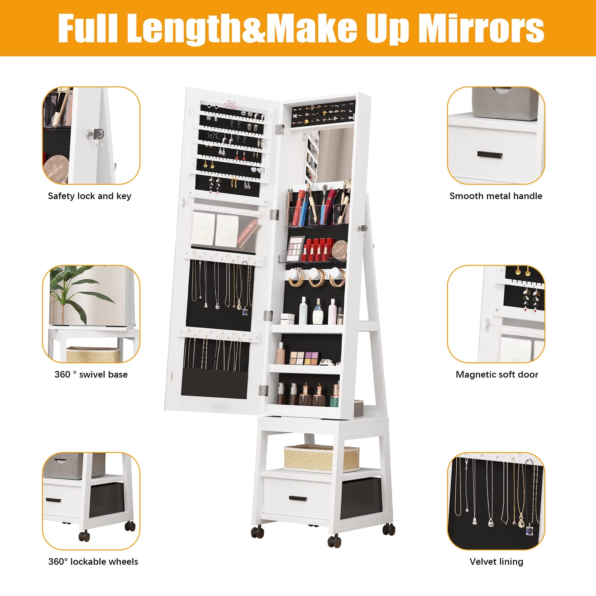 Armoire à bijoux Garvee, miroir de maquillage pivotant à 360°, en bois, verrouillable, sur roulettes, grande capacité, blanc, pour salon ou chambre.