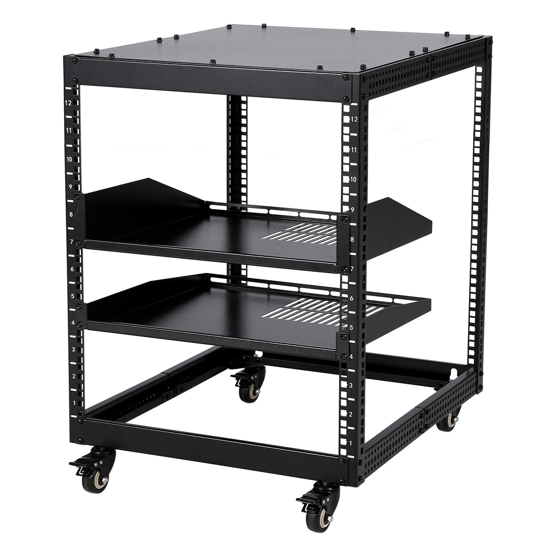 Baie serveur Garvee 12U à châssis ouvert, profondeur réglable de 58 à 102 cm, en acier avec 4 roulettes verrouillables, pour équipements informatiques et audiovisuels