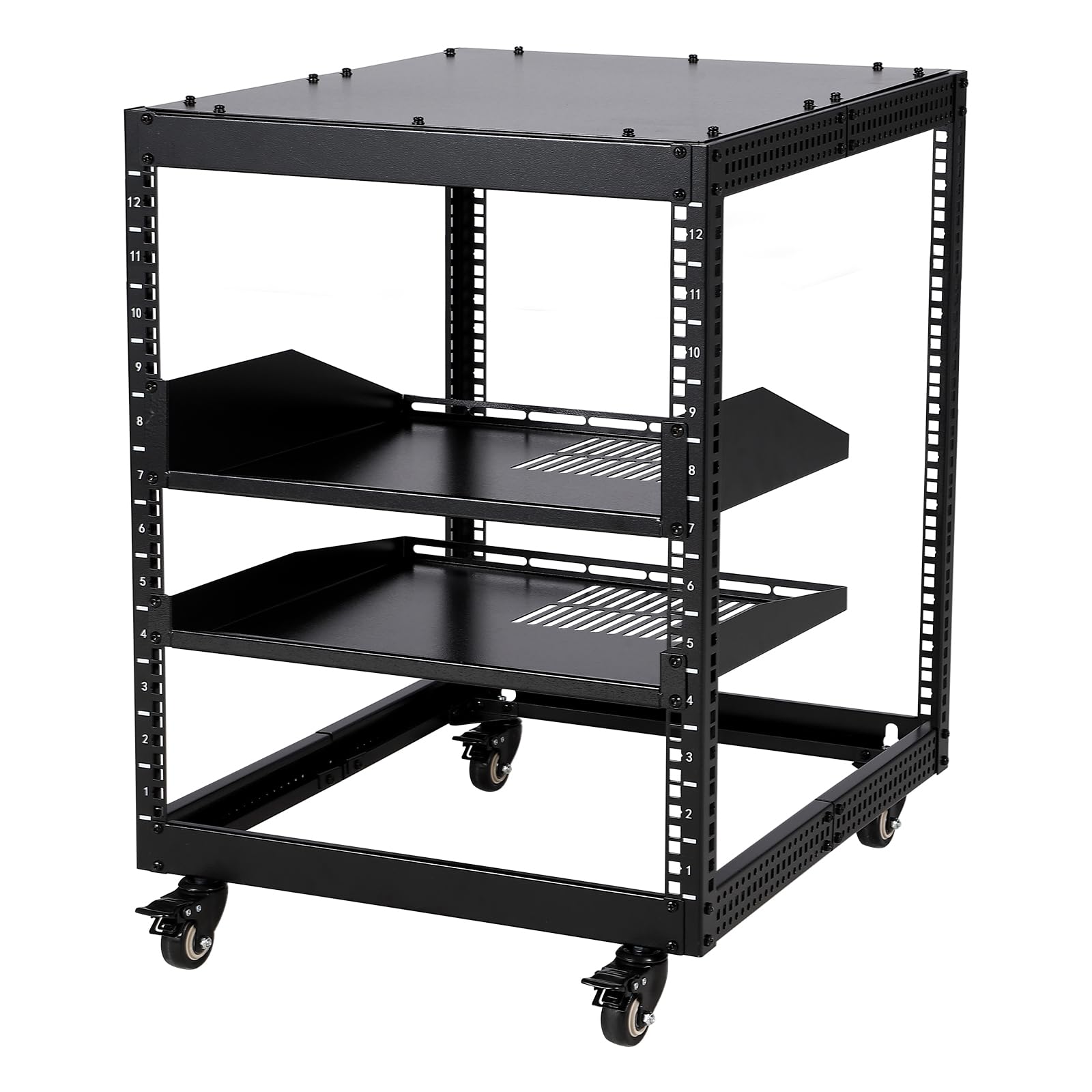 Baie serveur Garvee 12U à châssis ouvert, profondeur réglable de 58 à 102 cm, en acier avec 4 roulettes verrouillables, pour équipements informatiques et audiovisuels