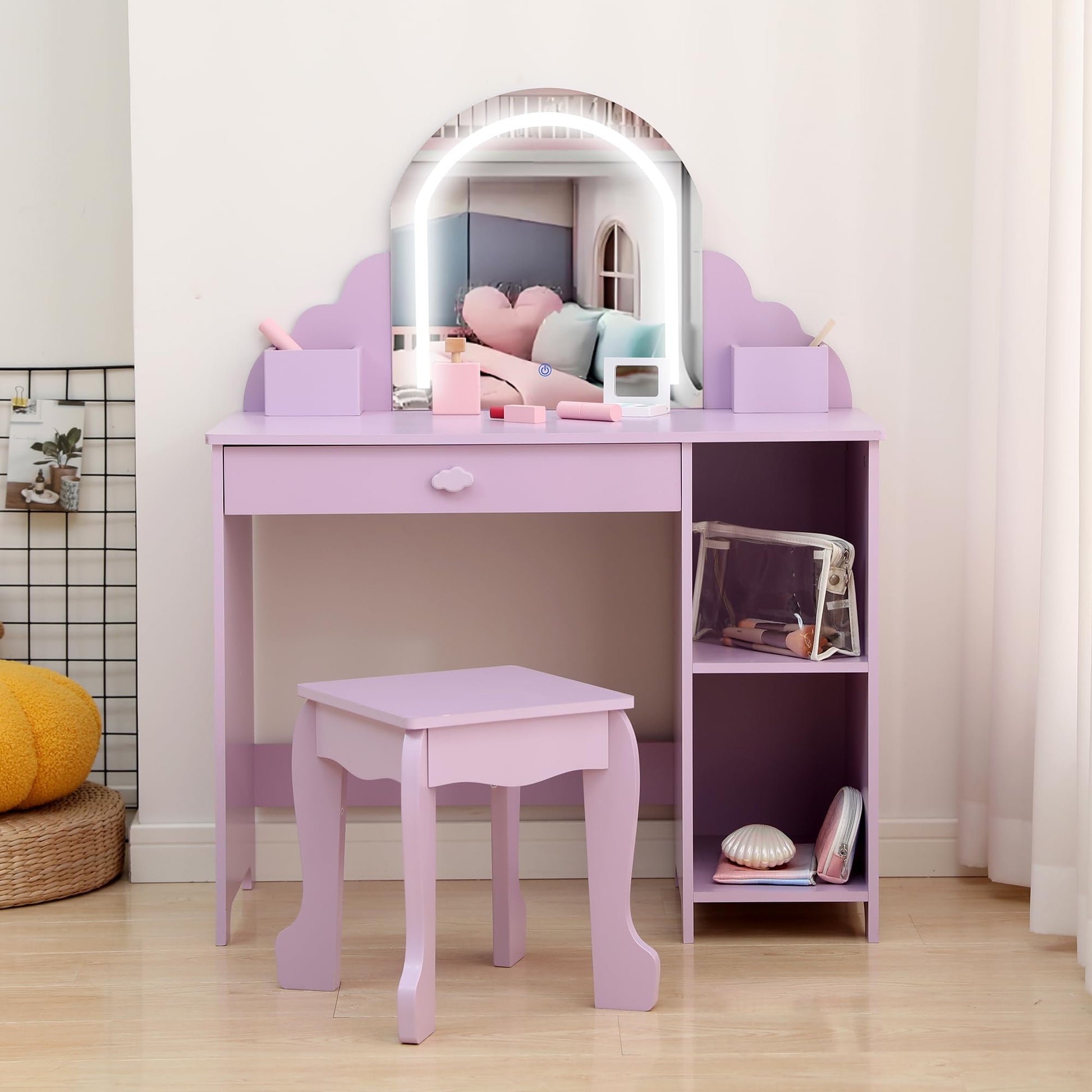 Garvee Coiffeuse Enfant avec Miroir Lumineux, Table et Tabouret 2 en 1, Grand Rangement, MDF Sûr, LED Réglable, pour Filles 3-9 Ans, Lilas