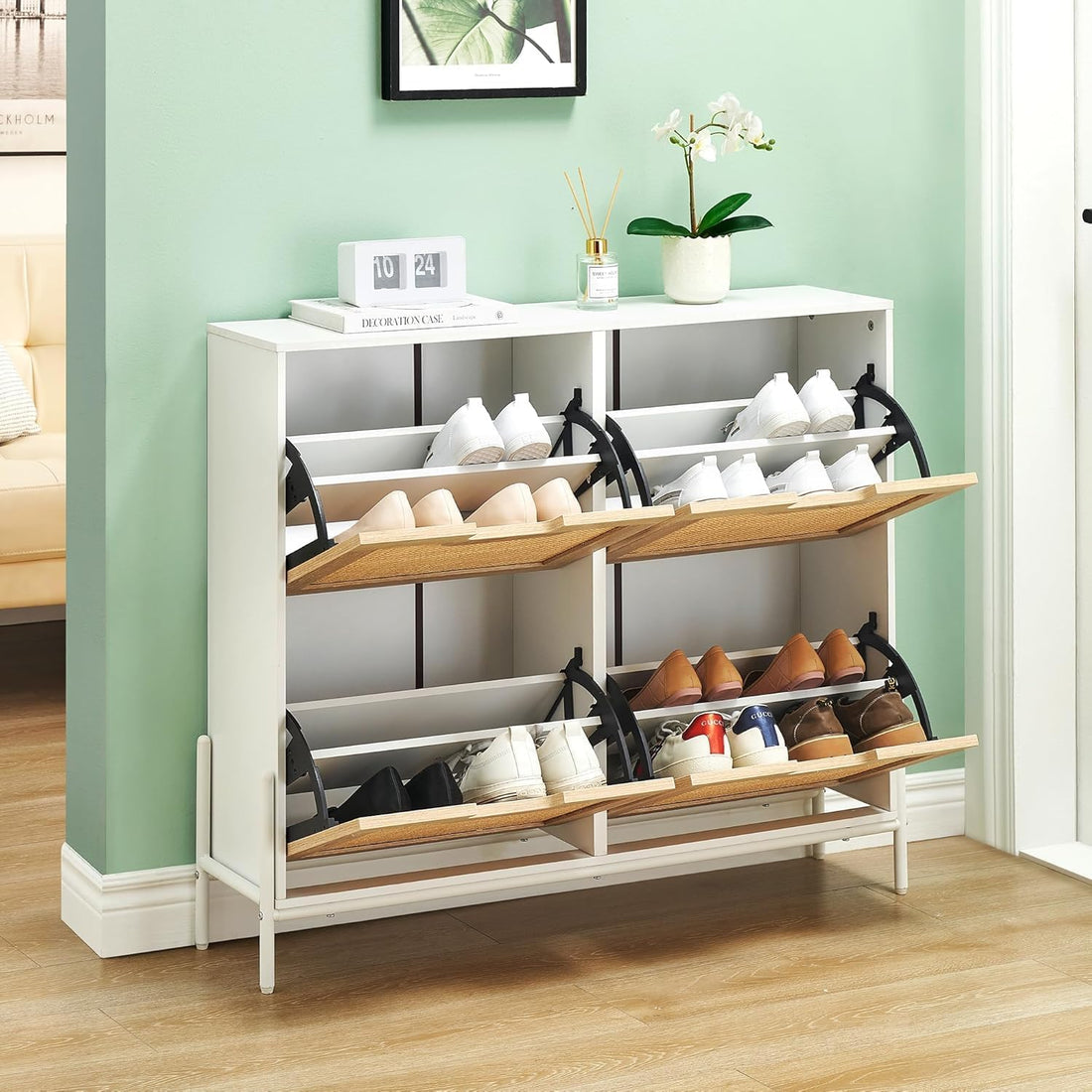 Meuble à chaussures Garvee, étagère à chaussures étroite en rotin à 4 portes, pour entrée, 100 x 24 x 88 cm, blanc