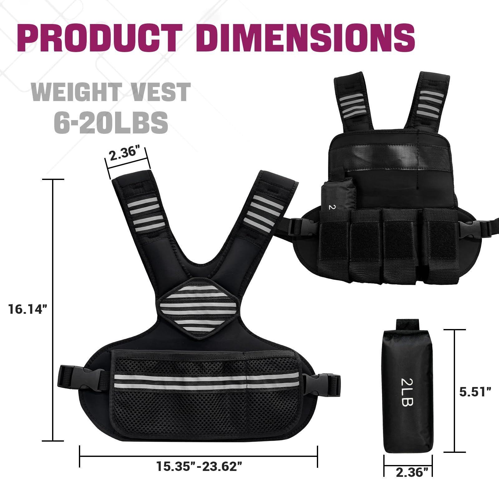 Gilet lesté ajustable Garvee pour femme, 2,7 à 9 kg, avec poids de sable en fer, bandes réfléchissantes, néoprène, ceinture ajustable pour le jogging et la musculation, noir confortable