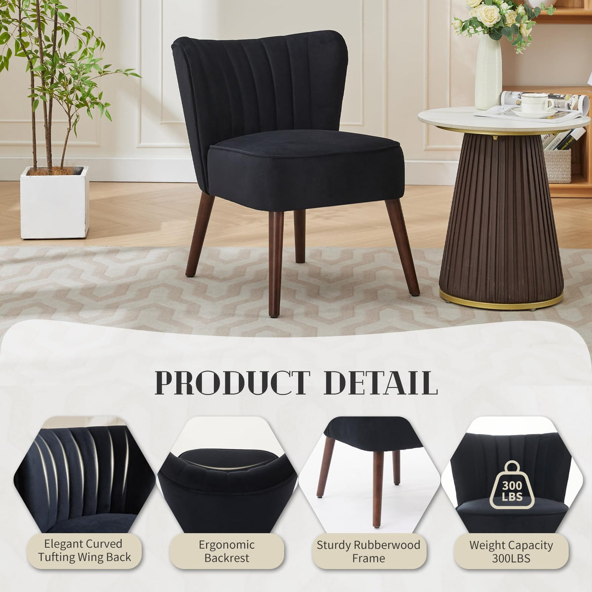 Fauteuil de salon moderne Garvee, fauteuil d'appoint style milieu du siècle, revêtement en velours, pieds réglables, pieds en bois noir pour salon et salle à manger