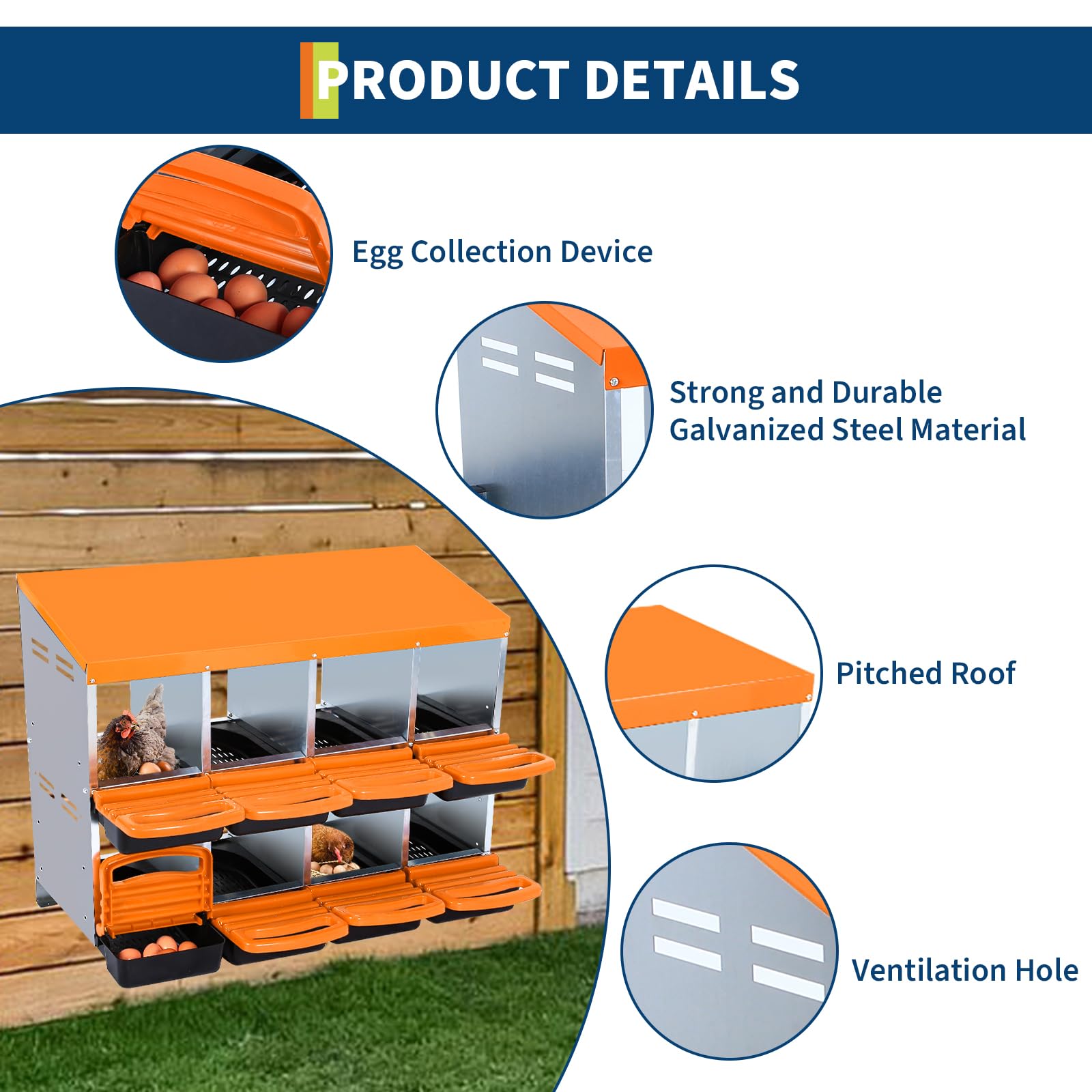 Nichoir à poules Garvee 8 trous 107×52×79 cm – Orange, pour 12 à 20 poules dans les grands poulaillers