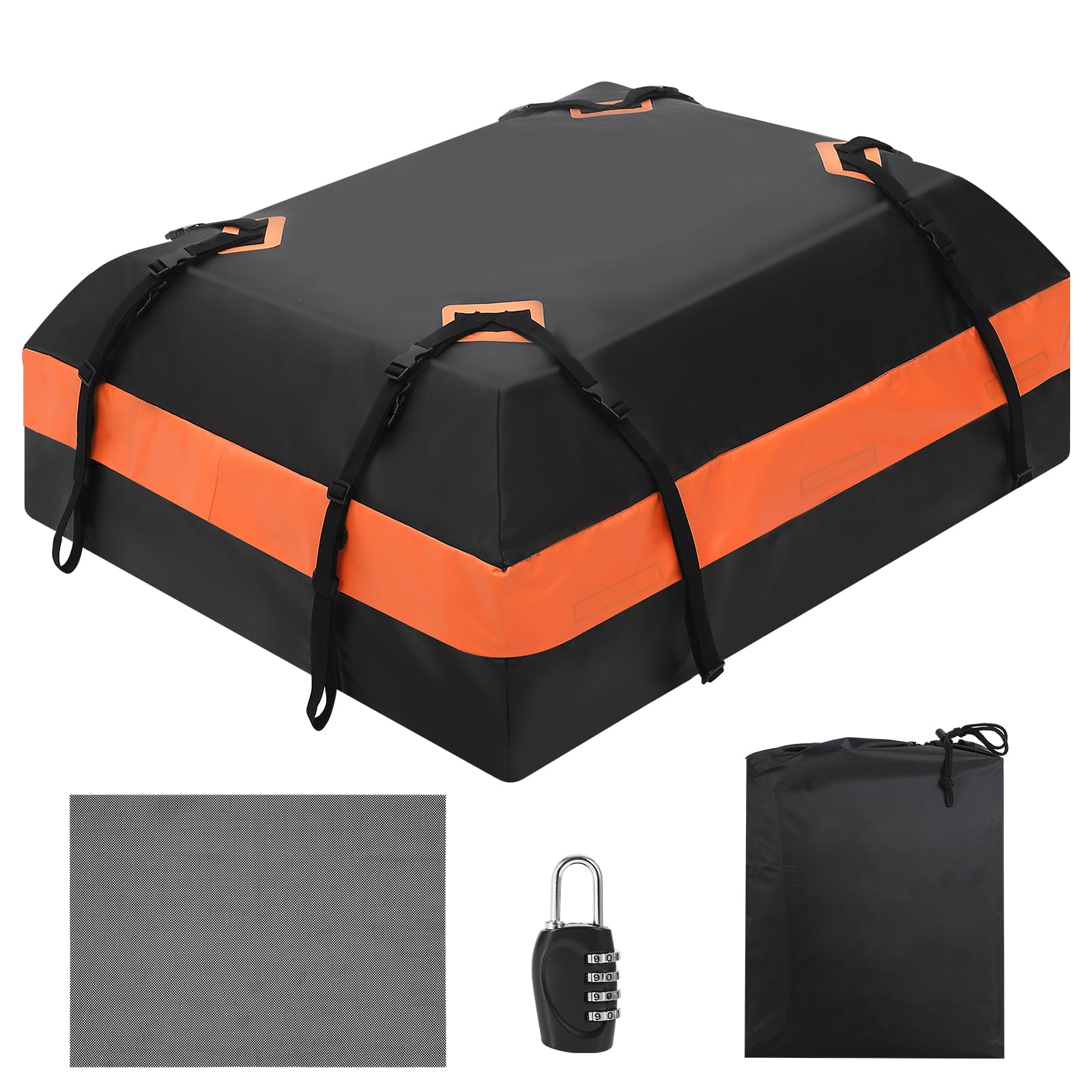 Sacoche de toit Garvee pour voiture, 425 litres (15 pieds cubes), étanche, avec 8 sangles renforcées, compatible avec tous les véhicules, idéale pour les voyages, dimensions : L 112 x l 86 x H 43 cm (44 x 34 x 17 pouces), noire.