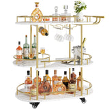 Garvee Chariot De Bar Mobile Doré 4 Niveaux Avec Porte-Vin Et Porte-Verres Pour Cuisine Et Salon, Cadre Métallique Robuste, Roulettes - 