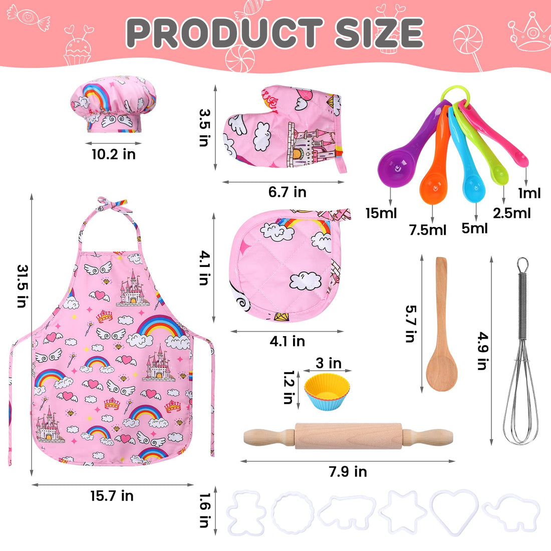 Garvee Ensemble de cuisine et pâtisserie pour enfants,2pièces avec toque et tablier rose et vert,accessoires pour jeux d’imitation et cadeaux