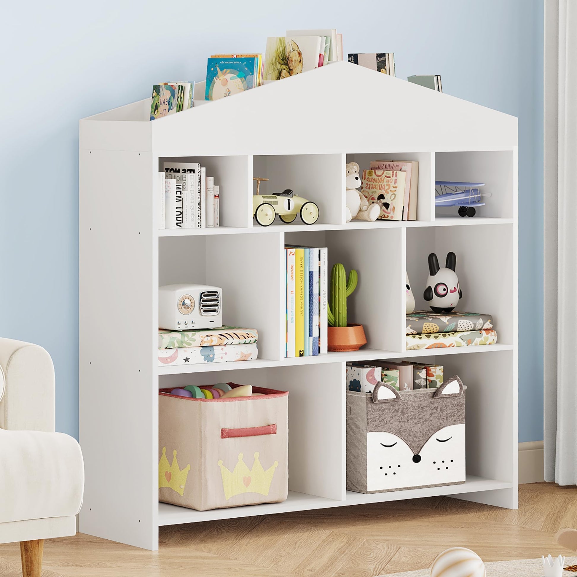 Étagère de rangement pour jouets Garvee, 9 compartiments, bibliothèque pour enfants, bois blanc, 103,5 cm, robuste, polyvalente, pour salle de jeux
