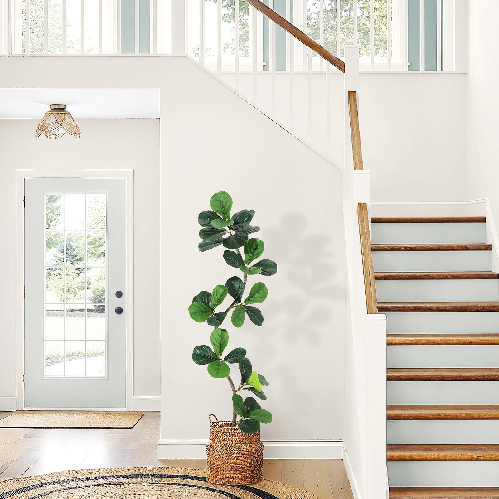 Garvee Ficus lyrata artificiel 152 cm en forme de S, pot blanc, feuilles en soie réalistes et branches ajustables, vert