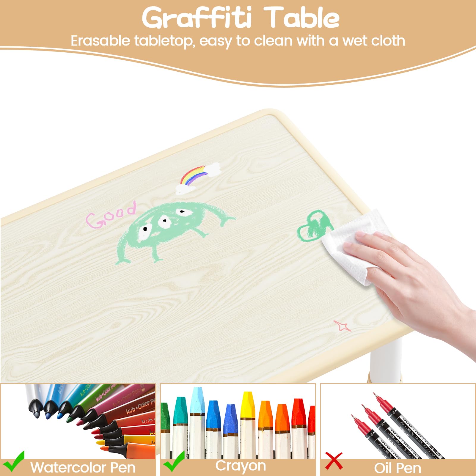 Ensemble table et 2 chaises pour enfants Garvee, plateau de table graffiti, hauteur réglable, multifonctionnel, en bois robuste pour lire, dessiner et jouer