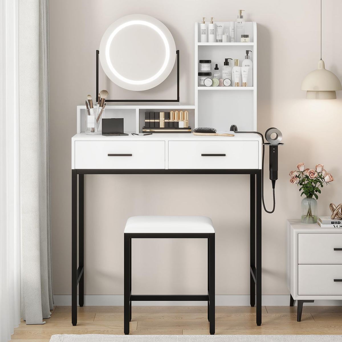 Garvee Grande coiffeuse avec rotation à 360°, éclairage et tabouret pour chambre à coucher, noir et blanc moderne