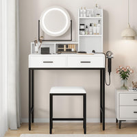 Garvee Grande coiffeuse avec rotation à 360°, éclairage et tabouret pour chambre à coucher, noir et blanc moderne