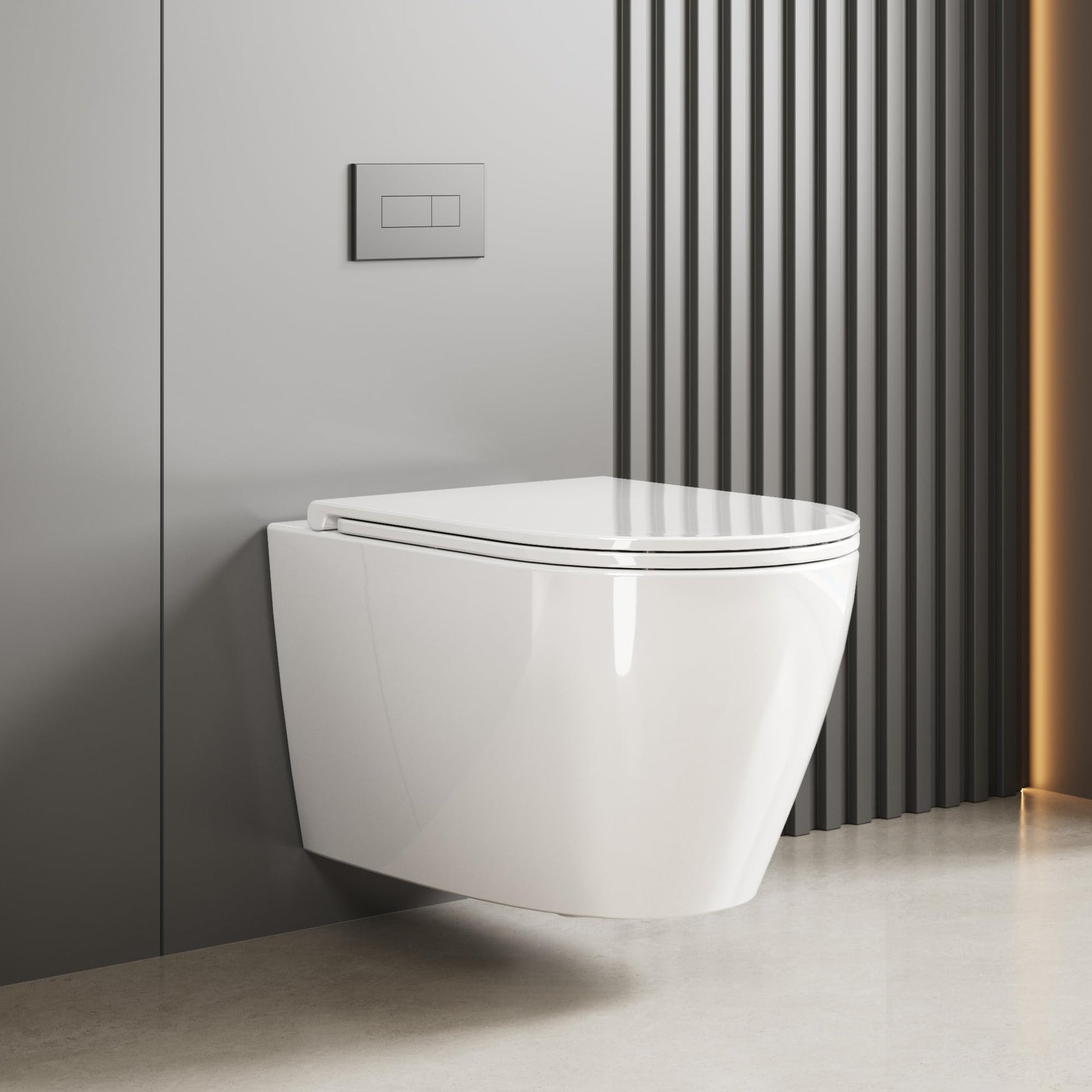 WC suspendu GARVEE Senza Bordi, en céramique, forme en D, 55,5 cm, blanc, avec abattant automatique, pour salles de bains modernes