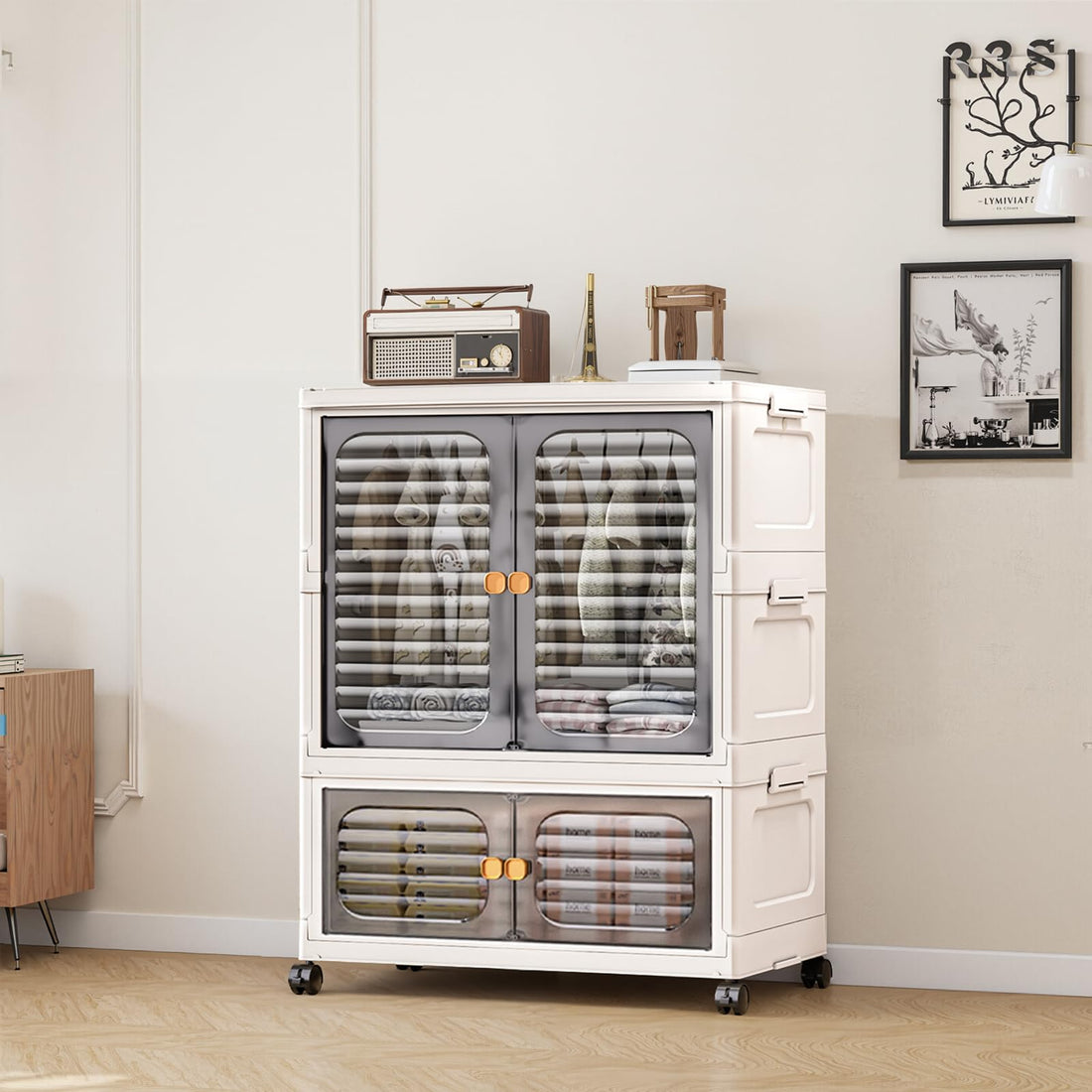 Armoire pour animaux Garvee avec boîtes de rangement empilables, roulettes, portes, pliable pour salon et chambre, robuste et polyvalente
