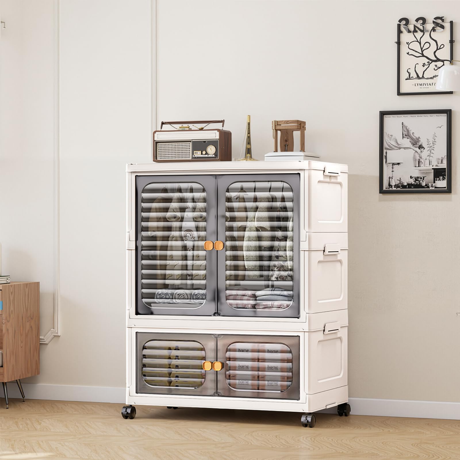 Armoire pour animaux Garvee avec boîtes de rangement empilables, roulettes, portes, pliable pour salon et chambre, robuste et polyvalente