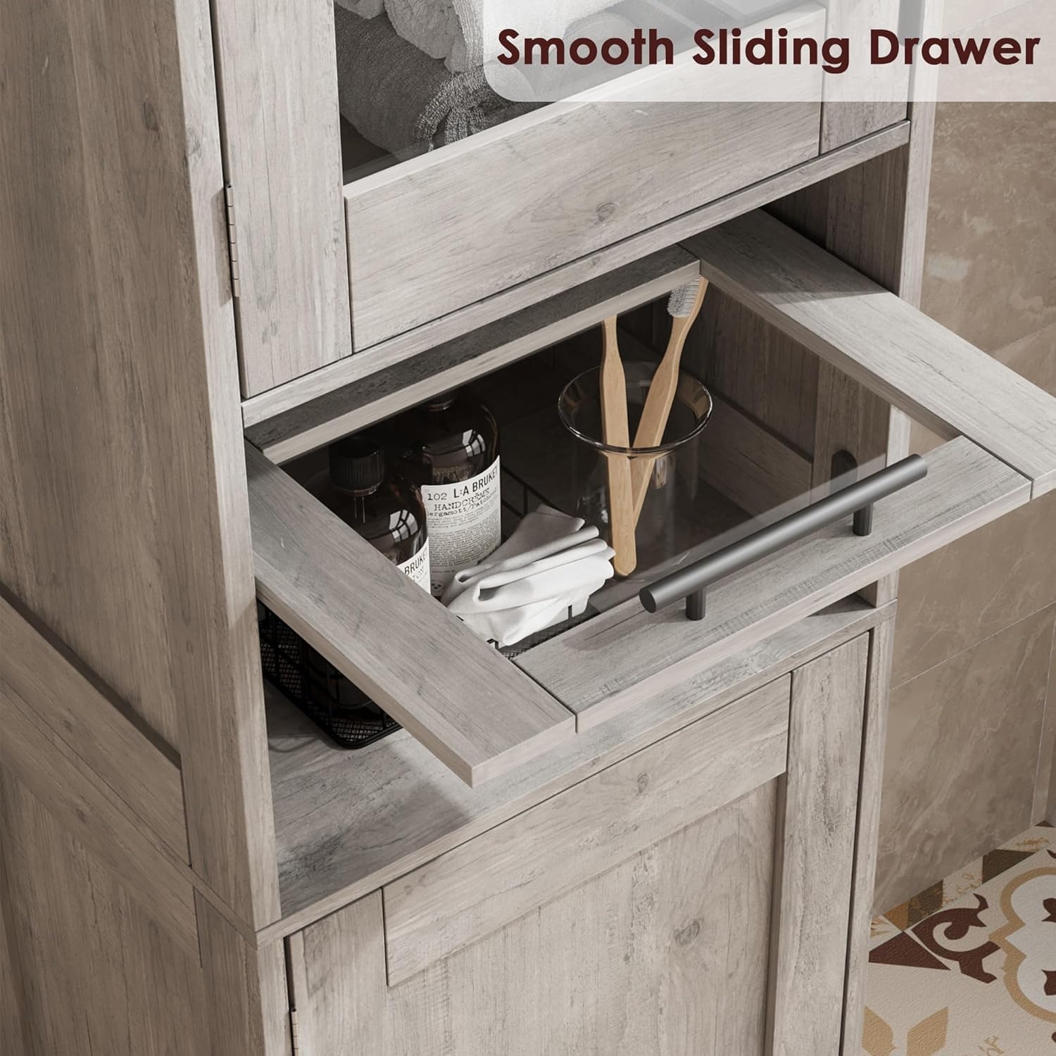 Meuble de salle de bain haut et étroit Garvee avec étagère réglable pour petits espaces, 170 cm, MDF, design moderne, portes vitrées, blanc