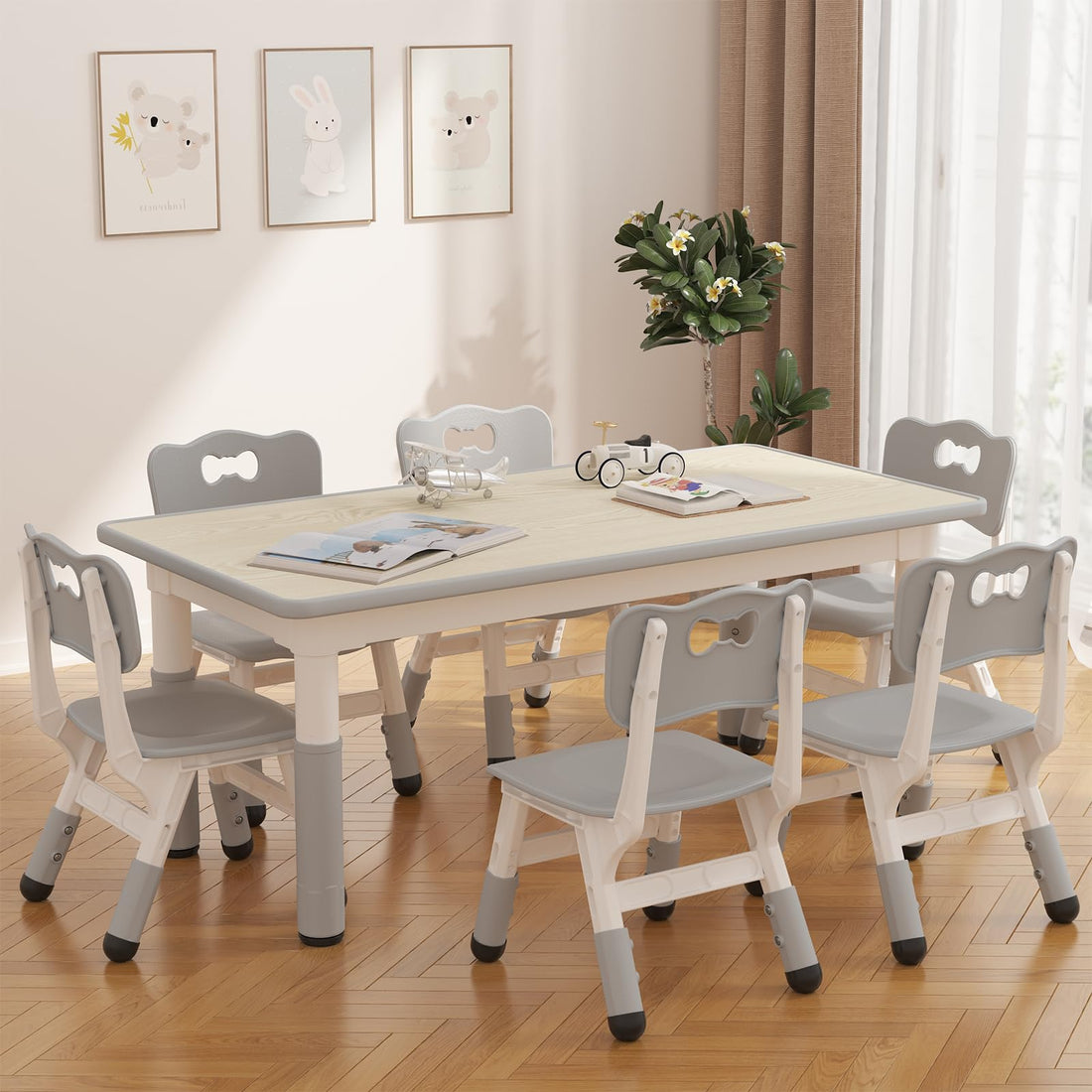 Garvee Ensemble Table et 6 Chaises pour Enfants à Hauteur Réglable, Plateau Motif Graffiti et Pieds Antidérapants pour Maison, École et Crèche