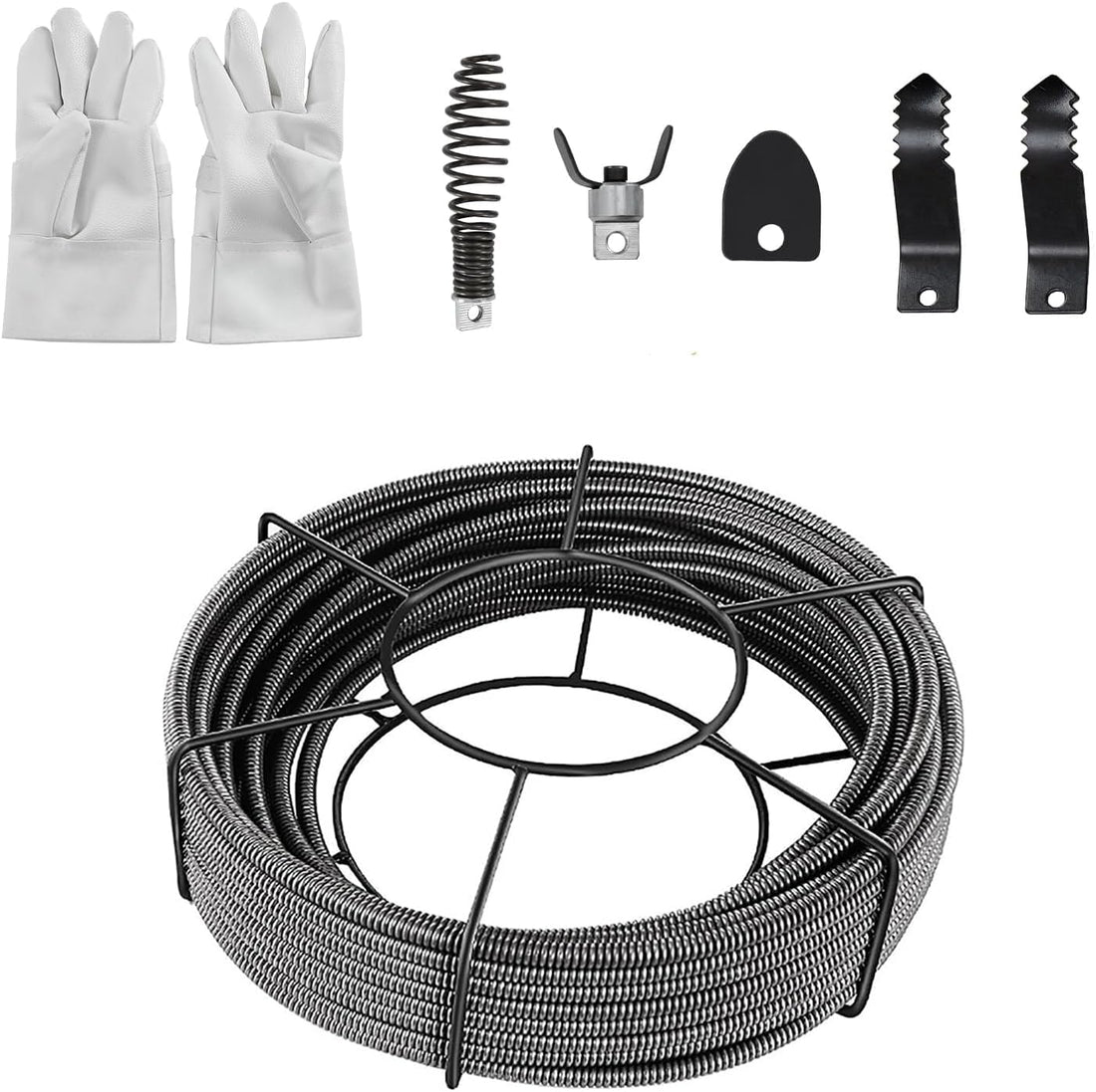Câble de débouchage Garvee 75 pi x 1/2 po, âme pleine en acier inoxydable, avec gants et tête de coupe, pour cuisine et salle de bain. Polyvalent.