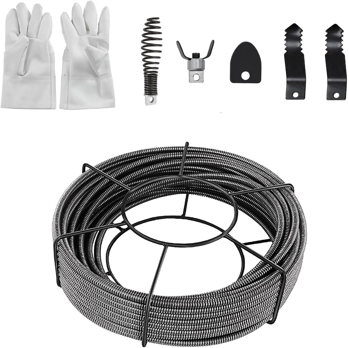 Câble de débouchage Garvee 75 pi x 1/2 po, âme pleine en acier inoxydable, avec gants et tête de coupe, pour cuisine et salle de bain. Polyvalent.