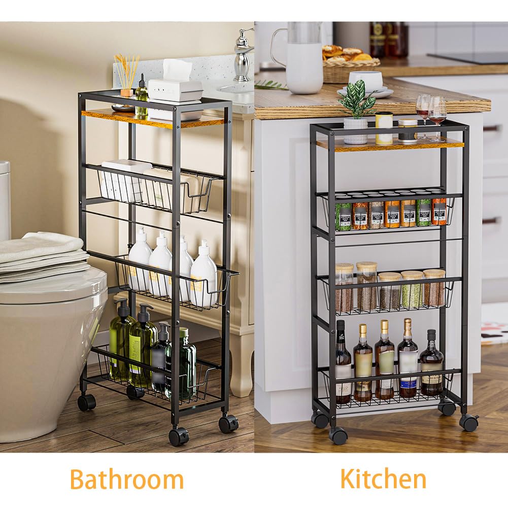Chariot à roulettes Garvee Slim à 4 niveaux avec plateau en bois, structure robuste en acier, pour la cuisine et la salle de bain, largeur 19,5 cm, noir