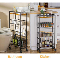 Chariot à roulettes Garvee Slim à 4 niveaux avec plateau en bois, structure robuste en acier, pour la cuisine et la salle de bain, largeur 19,5 cm, noir