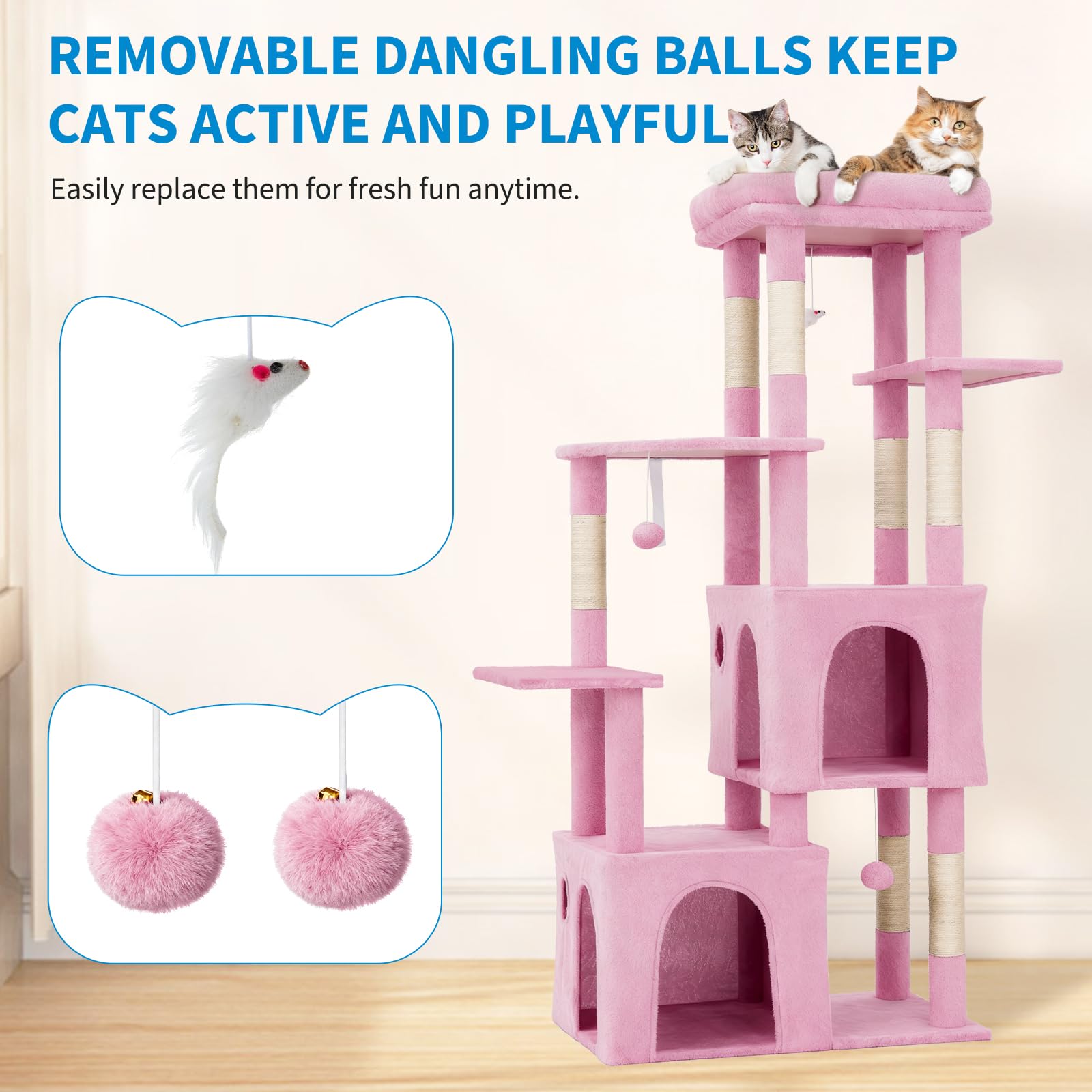 Garvee Arbre à Chat 155 cm Multi-Niveaux pour Grands Chats, Tour Stable avec Grande Plateforme, Rose