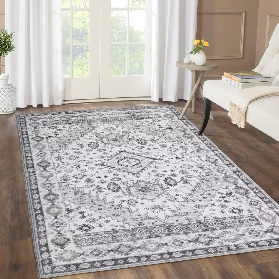 Tapis persan GARVEE 160x230cm Gris | Résistant aux taches, lavable, non pelucheux et antidérapant | Pour salon, chambre