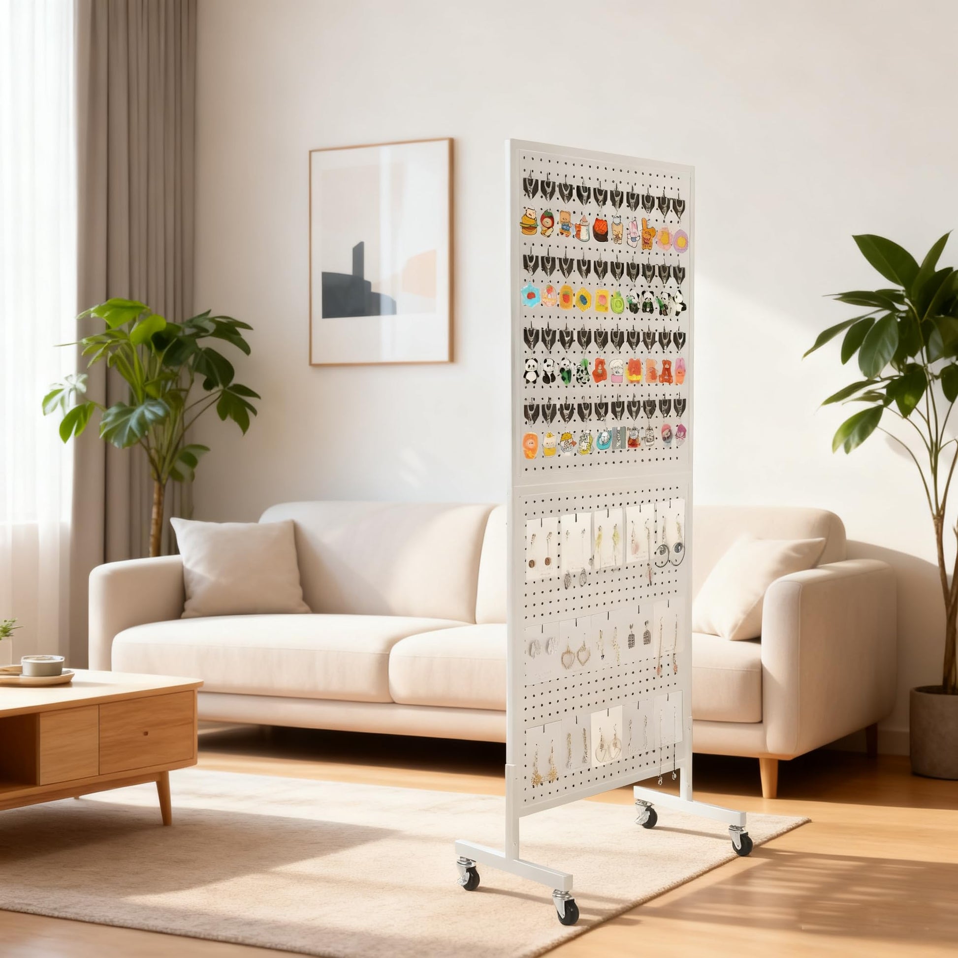 GARVEE Présentoir mobile à panneau perforé 61 × 152 cm, base en T avec roulettes, structure en fer robuste, double face avec crochets inclus, idéal pour magasin, stand et salon professionnel