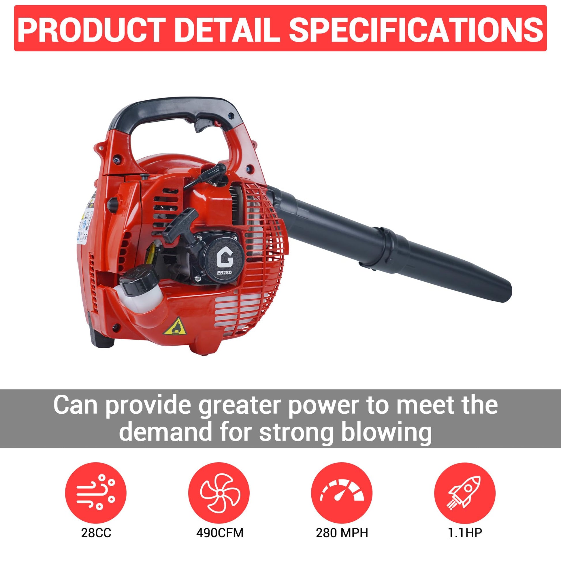 Souffleur de feuilles portatif à essence Garvee 28 cm³, 1,1 CV, 490 CFM, 290 km/h, rouge, idéal pour le jardin, l'allée et la neige.