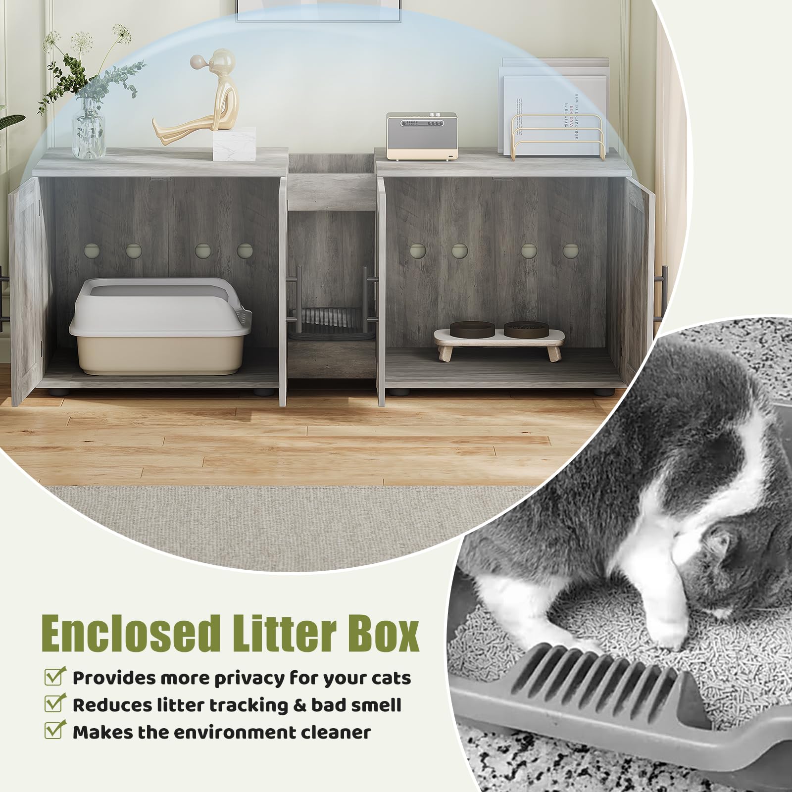 Garvee Meuble cache-litière 3-en-1 à double compartiment avec portes de grange, maison pour chat, gris