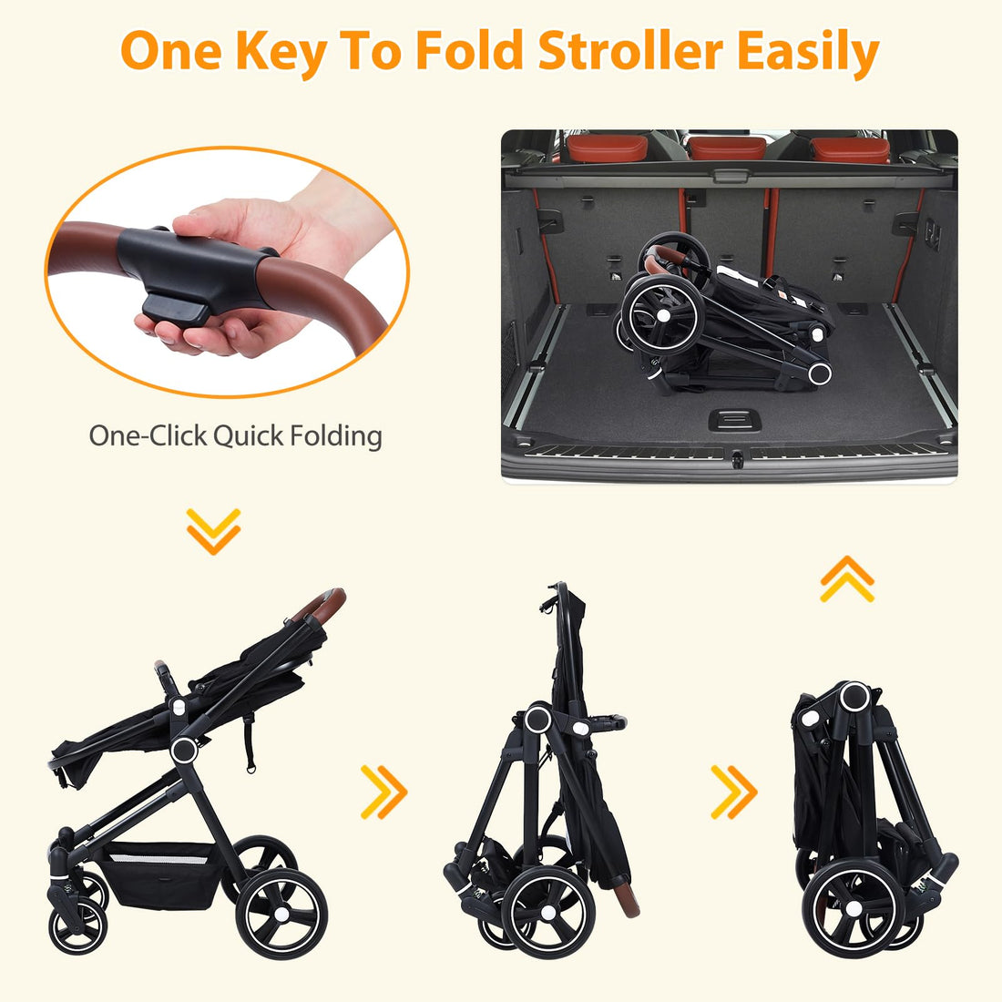 Poussette combinée 3 en 1 Garvee, ensemble complet avec nacelle, landau et siège auto pour enfants de 0 à 22 kg, coloris noir.