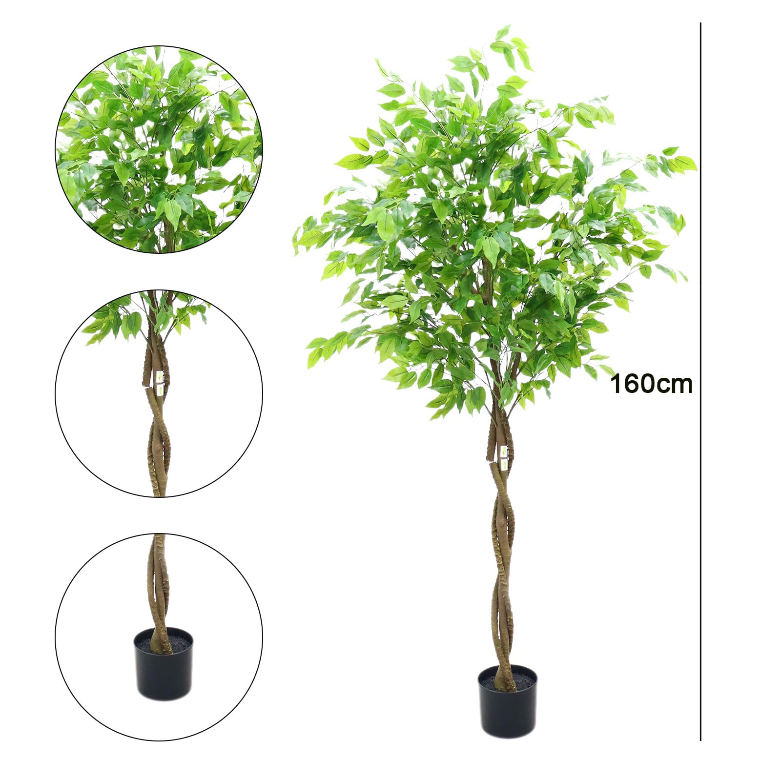 Ficus artificiel Garvee de 1,5 m avec feuilles en soie et pot en ciment robuste, vert, pour la maison et le bureau