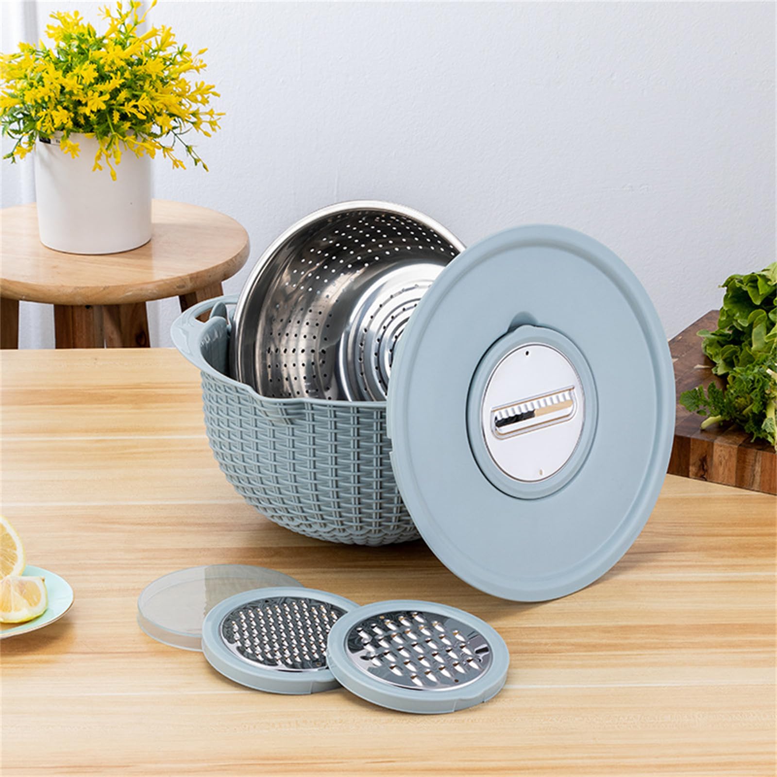 Four à charbon 4 en 1 en acier inoxydable avec double plateau rotatif, bacs à rebanadors intégrés, multifonctionnel pour la cuisine, bleu nordique